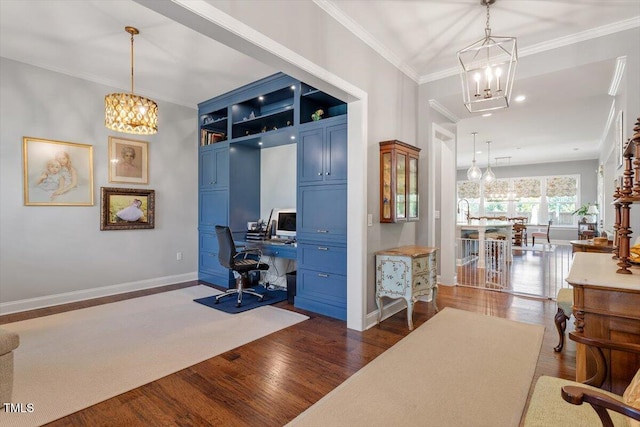 1217 Clandon Square Rd, Hillsborough, NC 27278 - office space featuring a chandelier, dark wood-style flooring, and ornamental molding