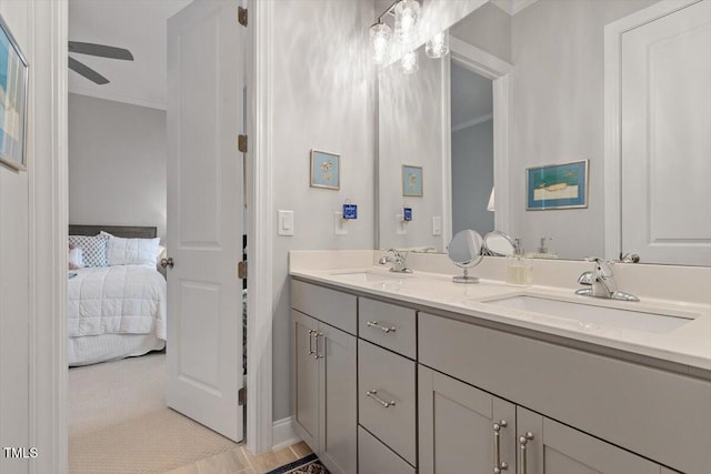1217 Clandon Square Rd, Hillsborough, NC 27278 - ensuite bathroom with double vanity, ornamental molding, and ceiling fan