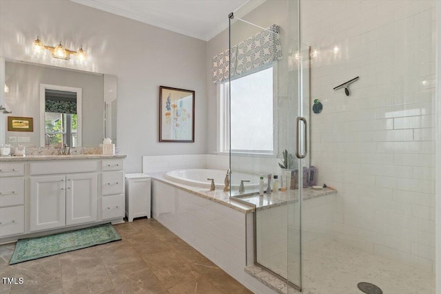 1217 Clandon Square Rd, Hillsborough, NC 27278 - bathroom with vanity, a garden tub, a shower stall, and ornamental molding