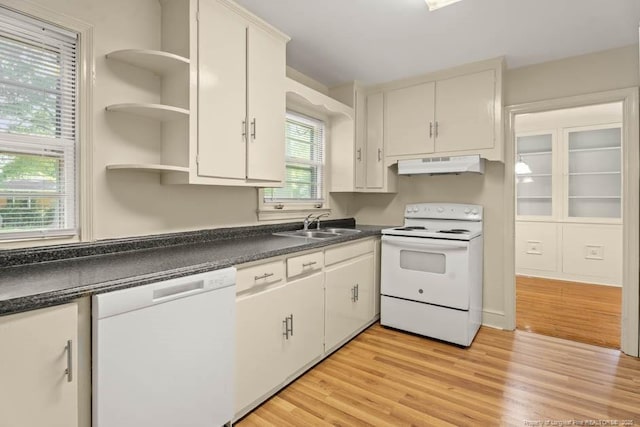 1905 N Rowland Ave N, Lumberton, NC 28358 - kitchen with white appliances, exhaust hood, dark countertops, and light wood finished floors