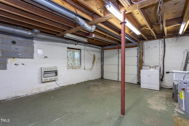 3603 Grimes Ave, Durham, NC 27703 - unfinished basement featuring washer / dryer, heating unit, and concrete block wall