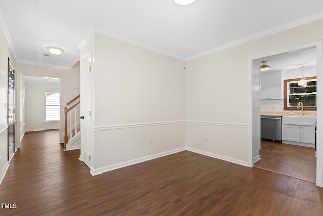 3421 Tunas St, Raleigh, NC 27616 - interior space with dark wood-type flooring, stairs, and crown molding