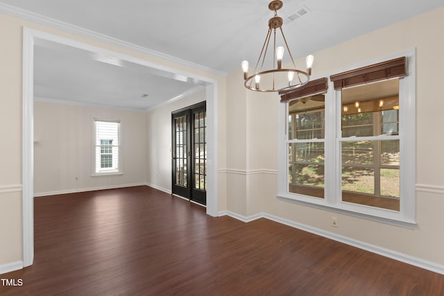 3421 Tunas St, Raleigh, NC 27616 - unfurnished room featuring dark wood-style floors, a chandelier, and crown molding