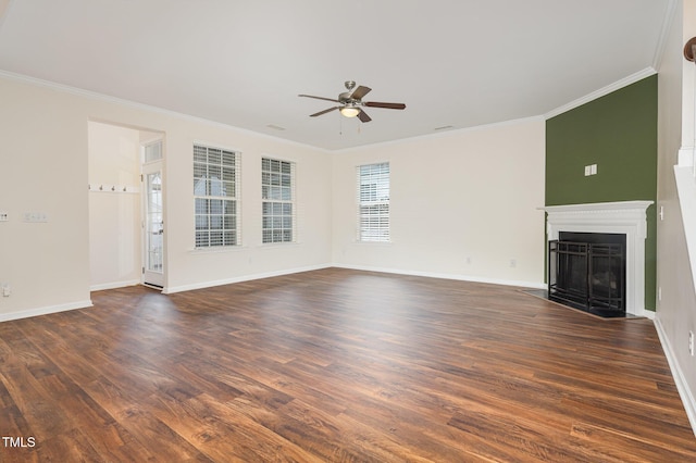 713 Summer Music Ln, Raleigh, NC 27603 - unfurnished living room with a ceiling fan, a fireplace with flush hearth, dark wood-style flooring, and ornamental molding