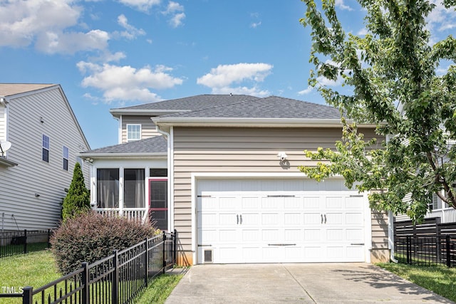 713 Summer Music Ln, Raleigh, NC 27603 - view of front of house with concrete driveway, a garage, a shingled roof, and a sunroom