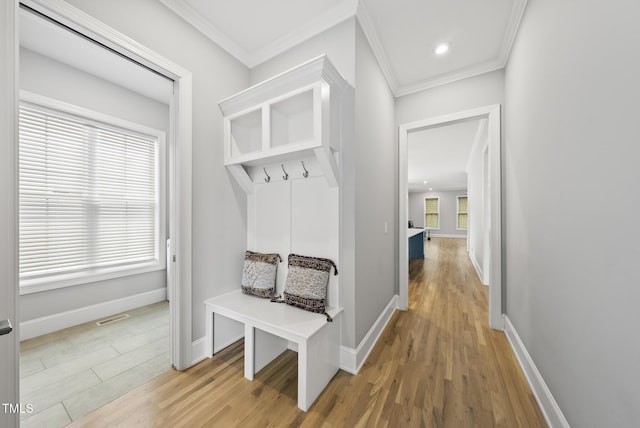 733 Daniel Ridge Rd, Wendell, NC 27591 - mudroom featuring light wood-type flooring, ornamental molding, and recessed lighting