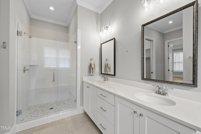 733 Daniel Ridge Rd, Wendell, NC 27591 - bathroom featuring a shower stall, double vanity, ornamental molding, tile patterned flooring, and recessed lighting