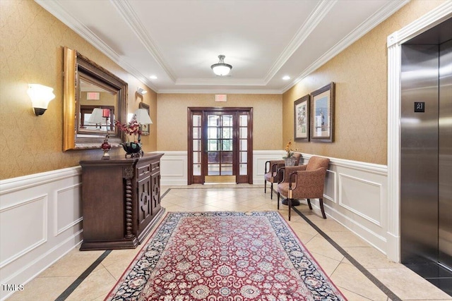 10511 Rosegate Ct Unit 103, Raleigh, NC 27617 - foyer entrance featuring inlaid floor details, elevator, ornamental molding, wallpapered walls, and light tile patterned floors