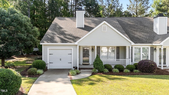 3782 Loblolly Dr # 5, Rocky Mount, NC 27804 - view of front facade featuring an attached garage, a chimney, a porch, a front lawn, and a shingled roof