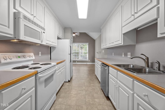 3782 Loblolly Dr # 5, Rocky Mount, NC 27804 - kitchen with white appliances, vaulted ceiling, white cabinets, light countertops, and a ceiling fan