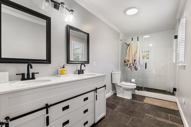 224 Grameta Ln, Lillington, NC 27546 - full bath featuring double vanity, a stall shower, ornamental molding, and plenty of natural light
