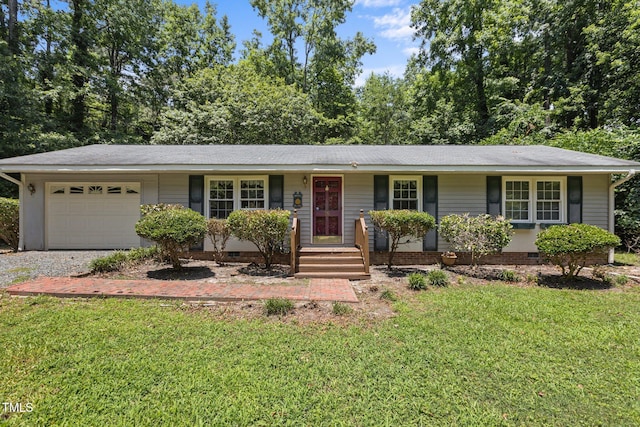 18 Red Pine Rd, Chapel Hill, NC 27516 - ranch-style house featuring an attached garage, crawl space, a front lawn, driveway, and roof with shingles