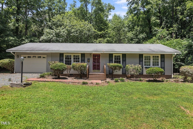 18 Red Pine Rd, Chapel Hill, NC 27516 - ranch-style house with a garage, a front lawn, crawl space, driveway, and roof with shingles