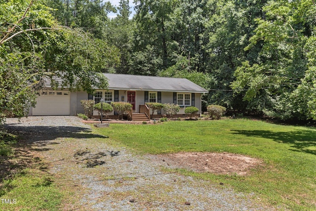 18 Red Pine Rd, Chapel Hill, NC 27516 - single story home with dirt driveway, covered porch, a front yard, an attached garage, and roof with shingles