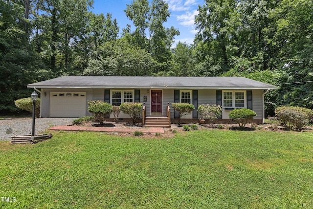 18 Red Pine Rd, Chapel Hill, NC 27516 - ranch-style house with a garage, a front yard, gravel driveway, and a shingled roof