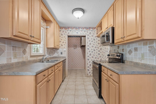 18 Red Pine Rd, Chapel Hill, NC 27516 - kitchen with appliances with stainless steel finishes, wallpapered walls, backsplash, open shelves, and light tile patterned flooring