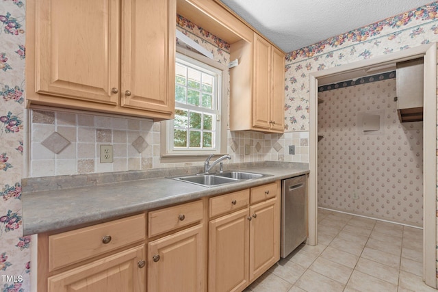 18 Red Pine Rd, Chapel Hill, NC 27516 - kitchen featuring wallpapered walls, dishwasher, light brown cabinets, tasteful backsplash, and light tile patterned floors