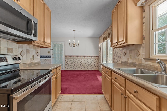 18 Red Pine Rd, Chapel Hill, NC 27516 - kitchen with stainless steel appliances, light carpet, healthy amount of natural light, a chandelier, and wainscoting