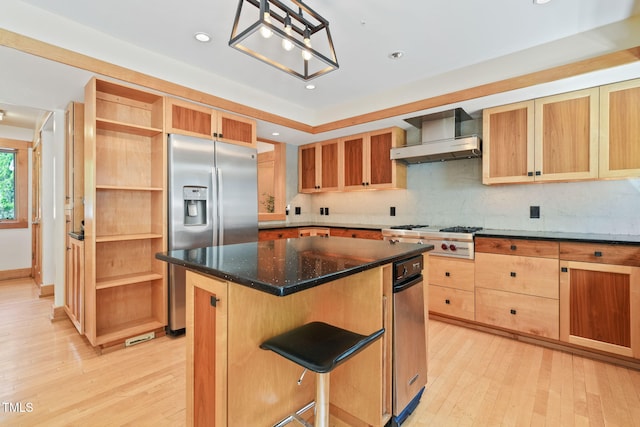 1209 Ravens Point Cir, Raleigh, NC 27614 - kitchen featuring appliances with stainless steel finishes, open shelves, wall chimney range hood, a center island, and light wood-style floors