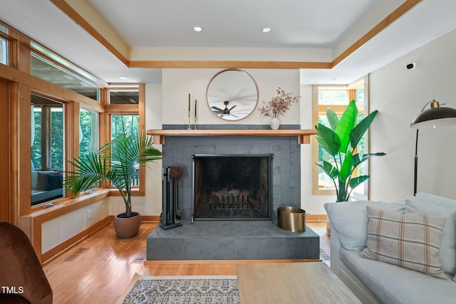 1209 Ravens Point Cir, Raleigh, NC 27614 - living room with wood finished floors, a fireplace, and recessed lighting