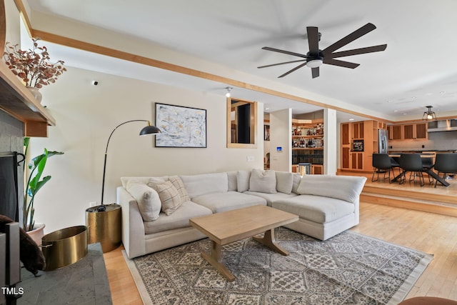 1209 Ravens Point Cir, Raleigh, NC 27614 - living room featuring a ceiling fan, light wood finished floors, and recessed lighting