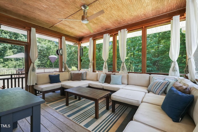 1209 Ravens Point Cir, Raleigh, NC 27614 - sunroom featuring an outdoor living space, wood ceiling, a ceiling fan, and a deck