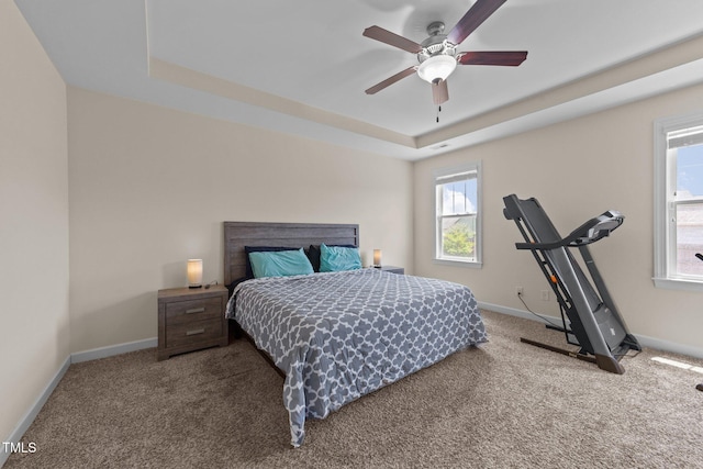 16 Woodglen Dr, Clayton, NC 27527 - bedroom with a tray ceiling, carpet flooring, multiple windows, and a ceiling fan