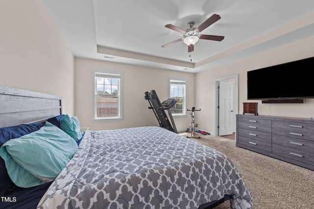 16 Woodglen Dr, Clayton, NC 27527 - bedroom featuring carpet flooring, multiple windows, a raised ceiling, and ceiling fan