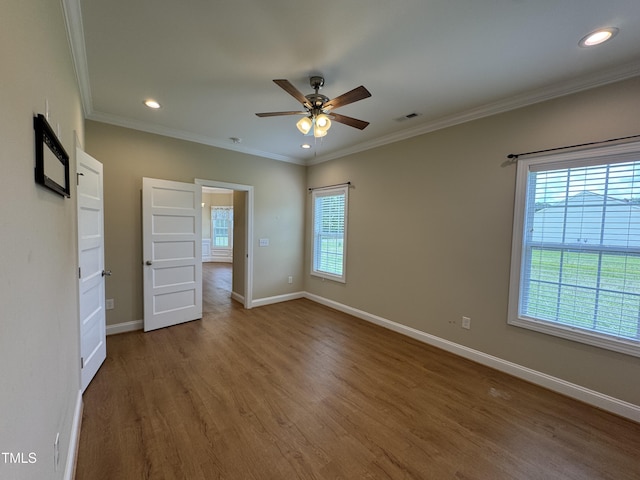 3005 Condor Ct, Deep Run, NC 28525 - unfurnished bedroom with ornamental molding, wood finished floors, recessed lighting, and ceiling fan