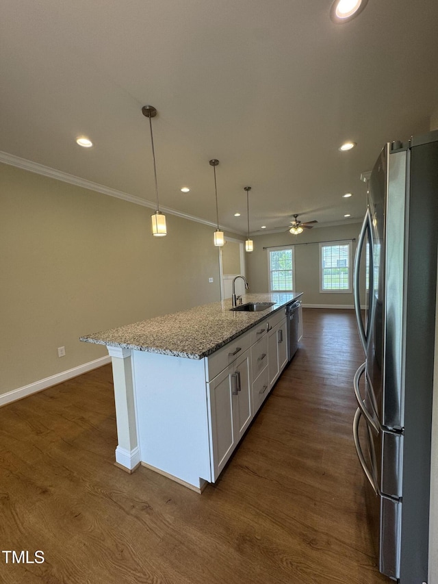 3005 Condor Ct, Deep Run, NC 28525 - kitchen featuring stainless steel appliances, white cabinetry, an island with sink, recessed lighting, and ceiling fan