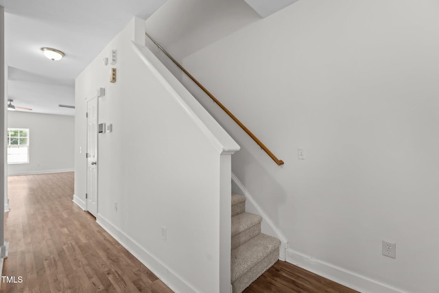 4716 Miller Dr, Durham, NC 27704 - stairs with wood finished floors and ceiling fan