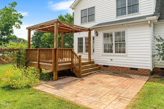 741 Rockville Rd, Wake Forest, NC 27587 - rear view of house with crawl space, a shingled roof, a wooden deck, a patio, and a yard