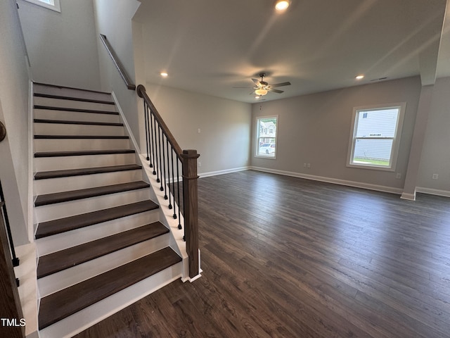 3509 Bailey Lake Dr, Fuquay Varina, NC 27526 - unfurnished living room featuring ceiling fan, stairs, dark wood finished floors, and recessed lighting
