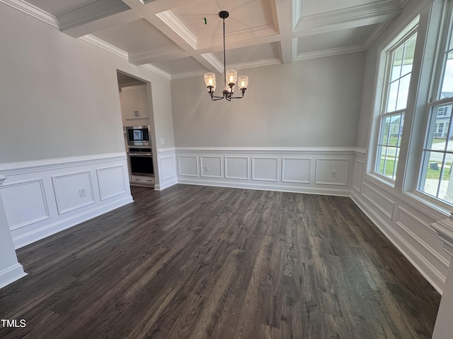 3509 Bailey Lake Dr, Fuquay Varina, NC 27526 - unfurnished dining area featuring coffered ceiling, a chandelier, beamed ceiling, plenty of natural light, and dark wood finished floors