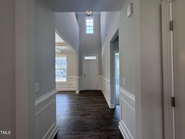 3509 Bailey Lake Dr, Fuquay Varina, NC 27526 - entrance foyer featuring a decorative wall, wainscoting, dark wood-type flooring, and a chandelier