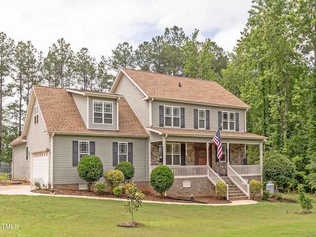 30 Cole Creek Way, Franklinton, NC 27525 - view of front facade with a porch, roof with shingles, a garage, and a front yard
