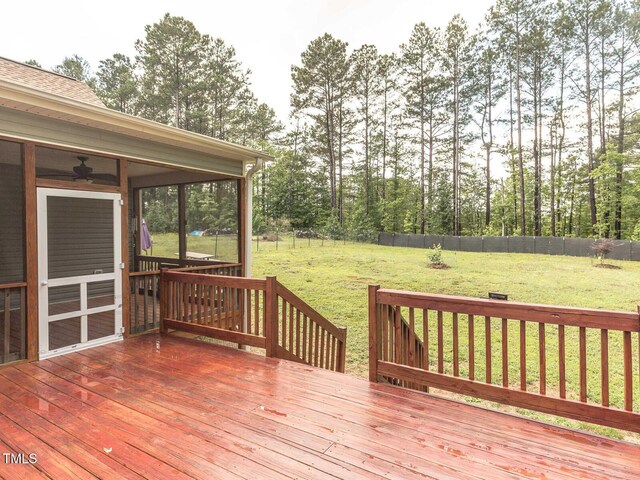 30 Cole Creek Way, Franklinton, NC 27525 - wooden terrace with a sunroom, a fenced backyard, and view of scattered trees