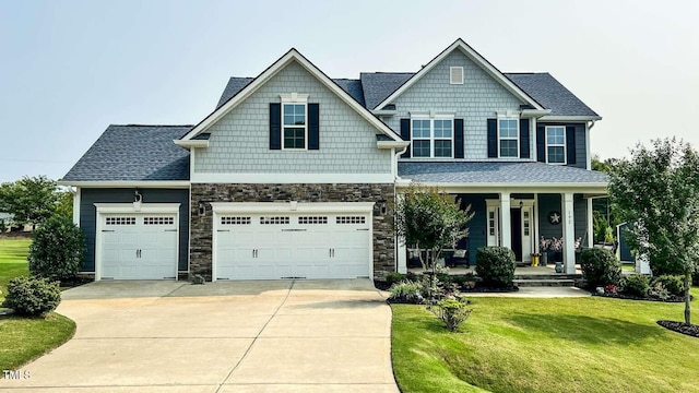 192 Waterpine Dr, Garner, NC 27529 - craftsman house with concrete driveway, covered porch, a front lawn, stone siding, and roof with shingles