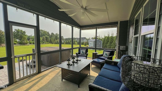 192 Waterpine Dr, Garner, NC 27529 - sunroom with a ceiling fan, lofted ceiling, and an outdoor living space