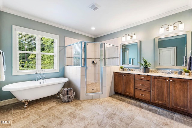 610 Bennett Mtn, Chapel Hill, NC 27516 - full bathroom with a shower stall, double vanity, a freestanding bath, ornamental molding, and tile patterned flooring