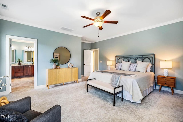610 Bennett Mtn, Chapel Hill, NC 27516 - bedroom with ornamental molding, light carpet, ensuite bath, and a ceiling fan