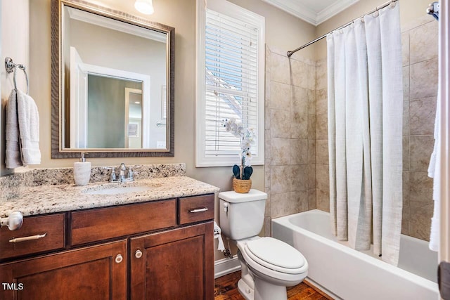 610 Bennett Mtn, Chapel Hill, NC 27516 - full bathroom featuring crown molding, shower / bathtub combination with curtain, vanity, and wood finished floors