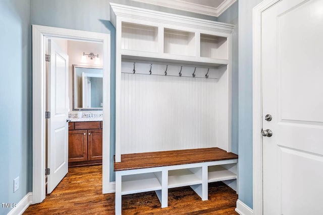 610 Bennett Mtn, Chapel Hill, NC 27516 - mudroom with dark wood-style flooring and ornamental molding