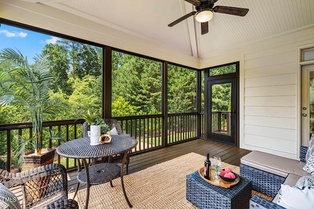 610 Bennett Mtn, Chapel Hill, NC 27516 - sunroom with a ceiling fan, lofted ceiling, and plenty of natural light