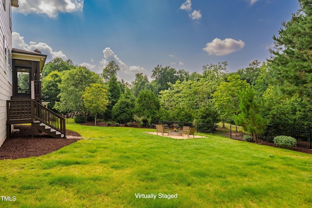 610 Bennett Mtn, Chapel Hill, NC 27516 - view of yard with stairway, a patio, and an outdoor fire pit