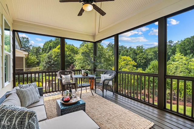 610 Bennett Mtn, Chapel Hill, NC 27516 - sunroom / solarium featuring ceiling fan, an outdoor hangout area, view of scattered trees, and lofted ceiling