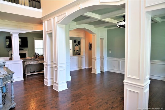 930 Old Vander Rd, Fayetteville, NC 28312 - hallway featuring a decorative wall, beamed ceiling, dark wood-type flooring, coffered ceiling, and crown molding
