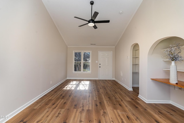 61 Fashion Pl, Durham, NC 27705 - foyer featuring a ceiling fan, wood finished floors, lofted ceiling, and ornamental molding
