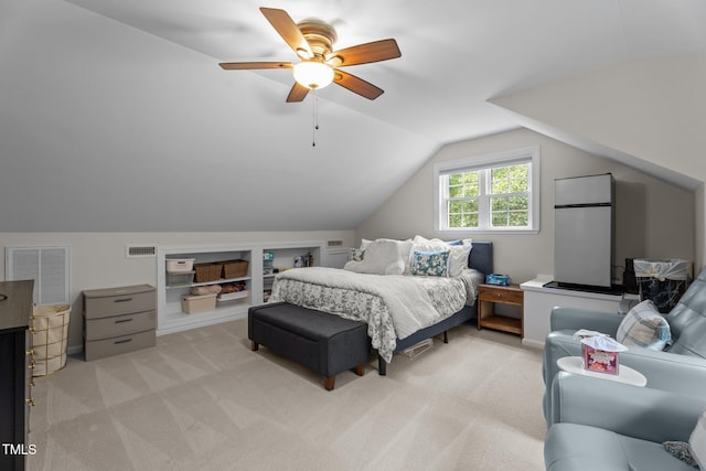10721 Marabou Ct, Raleigh, NC 27614 - bedroom featuring light carpet, vaulted ceiling, and a ceiling fan