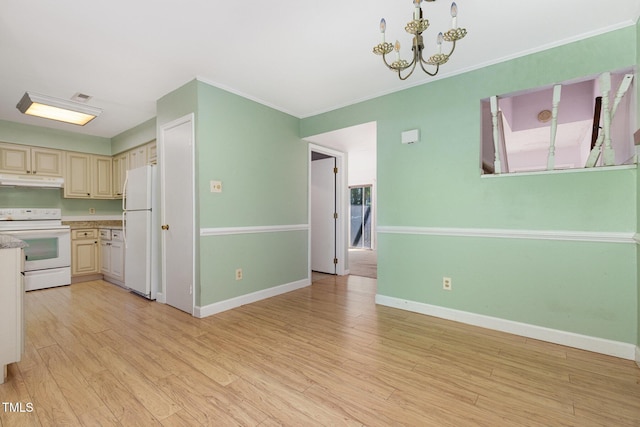 4305 Lake Ridge Dr, Raleigh, NC 27604 - kitchen with white appliances, cream cabinets, a chandelier, light wood-style flooring, and light countertops